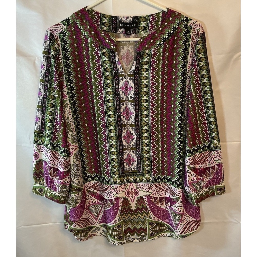 N Touch Women's Multicolor Long Sleeve Top Tunic‎ Blouse Stretch Size S
